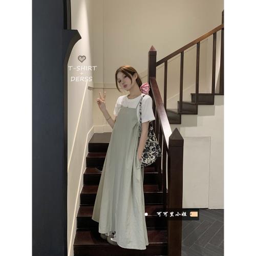 小個子抽繩吊帶連衣裙2025夏季新款復古寬松遮胯a字長裙子女chic