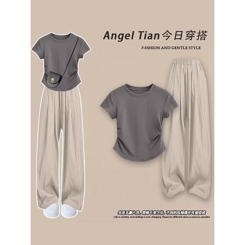 灰色冰絲圓領短袖T恤女薄款2025秋冬新款收腰顯瘦搭配山本褲上衣