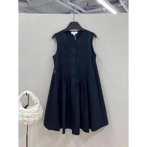 韓版時尚通勤褶皺設計感藏藍色無袖連衣裙女2025年夏新款背心裙子