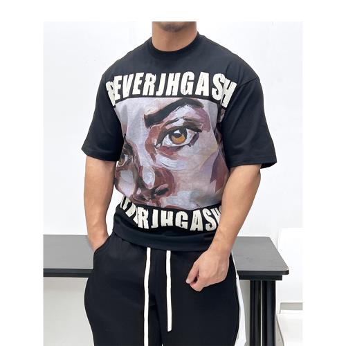 270g克重!油畫質感數碼印花小領口短袖T恤潮男ins風顯壯棉跳舞