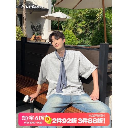 ONEARTS夏季撞色領帶短袖T恤男痞帥寬松休閑半袖設計感五分袖潮流