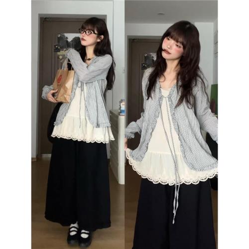 美式復古文藝格子木耳邊系帶防曬罩衫女夏季設計感百搭長袖上衣潮