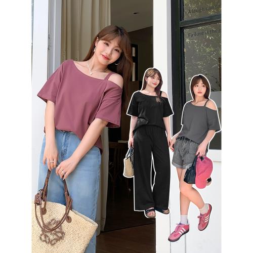 大碼女裝200斤胖mm春夏短袖斜肩寬松T恤顯瘦百搭休閑上衣女32213