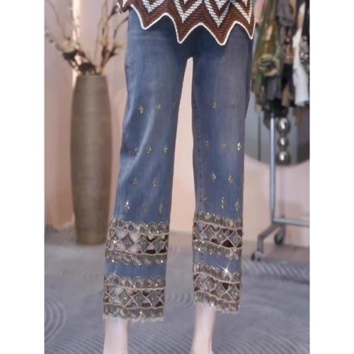 歐貨大碼女裝2025夏季新款重工燙鉆鏤空牛仔褲胖mm高腰顯瘦直筒褲