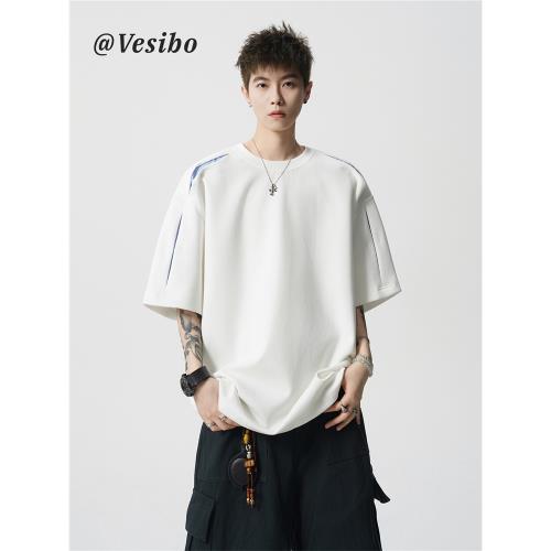 美式街頭設計感圓領T恤男夏潮牌寬松短袖體恤重磅解構拼接五分袖