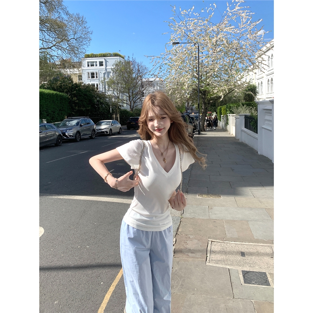 JMSHOP 淡人紙片tee 舒適至上~天絲羊毛v領t恤女設計感夏短袖上衣|T恤|ETMall東森購物網