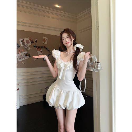 初戀白色連衣裙女裝秋季2025新款蕾絲邊蝴蝶結小個子收腰花苞短裙