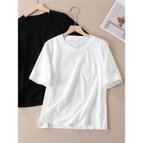 簡約氣質蕾絲口袋短袖棉質t恤女夏親膚軟糯日常舒適百搭上衣W3028