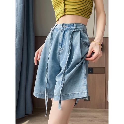 天絲五分牛仔短褲女夏季薄款褶皺抽繩設計感休閑寬松冰絲闊腿中褲