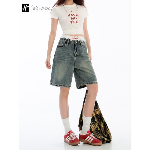 美式復古藍五分褲牛仔短褲女夏季新款高腰寬松顯瘦休閑闊腿中褲