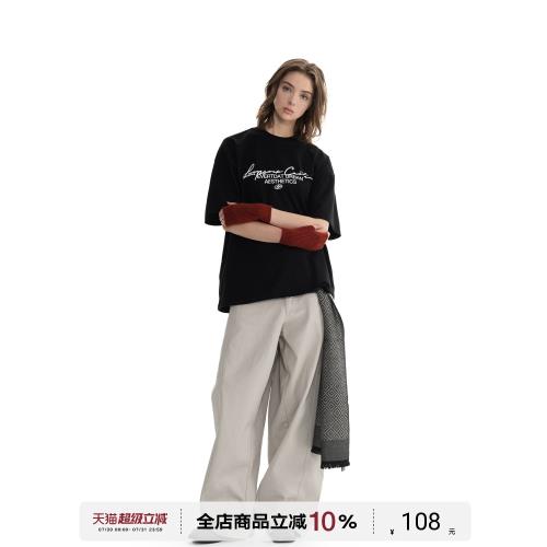 Loopsoon新款圓領前胸雙色印花設計寬松休閑重磅短袖T恤男女同款