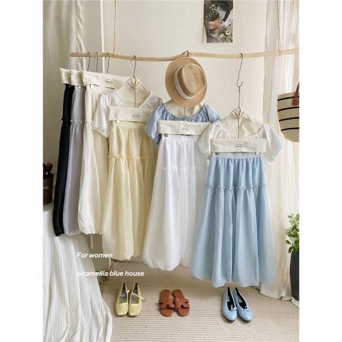 甜美輕盈木耳花邊雙層蓬蓬網紗花苞裙女夏季假度風百搭絕美中長裙