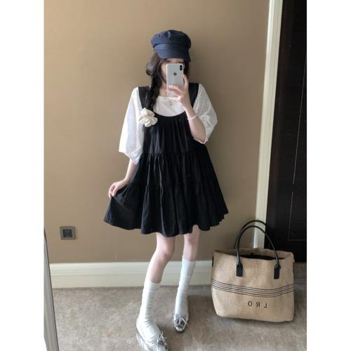 大碼韓版套裝女2025新款夏季方領減齡上衣兩件套胖MM顯瘦背帶裙子