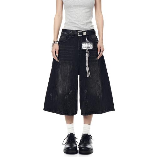 BLACKLISTS美式復古水洗閃電紋牛仔短褲男女cleanfit闊腿七分褲潮