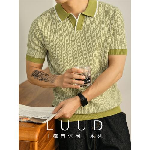 特價 夏季時尚人字形紋理撞色翻領Polo衫男士時髦雅痞風針織短袖