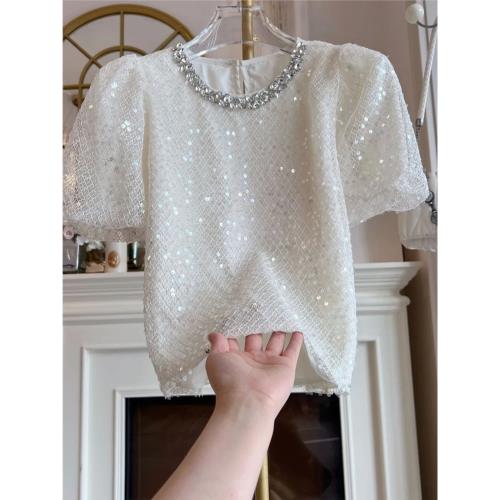 2025年夏季新款重工鑲鉆亮片網紗格子上衣女襯衫泡泡袖小衫女裝潮