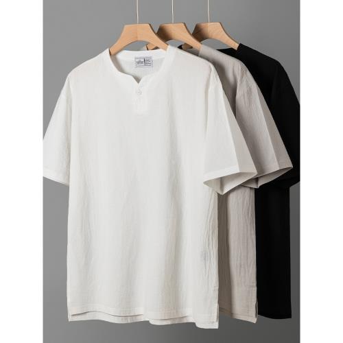 日系復古重磅V領麻棉短袖T恤男夏季純色寬松百搭休閑新中式體恤衫