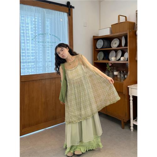 PPHOME甜美疊穿網紗格紋背心寬松吊帶女夏季綠色闊腿褲溫柔三件套