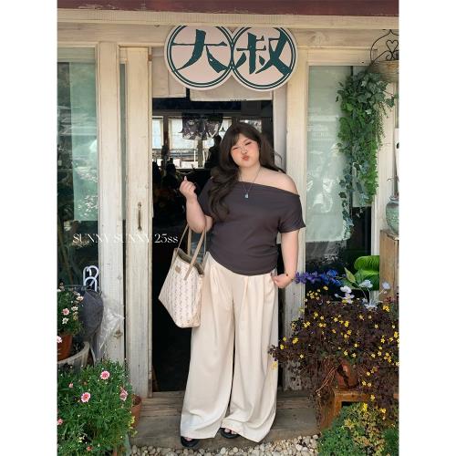 三點泥SUNNY【香榭麗舍】一字肩短袖t恤闊腿拖地長褲簡約休閑套裝