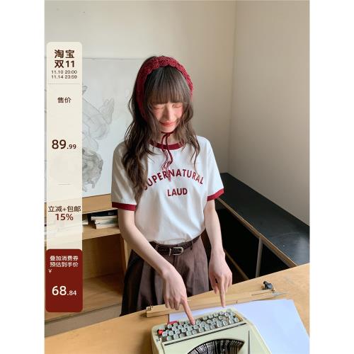 你好卡農 植絨字母短袖t恤女夏季2025新款設計感撞色圓領針織上衣