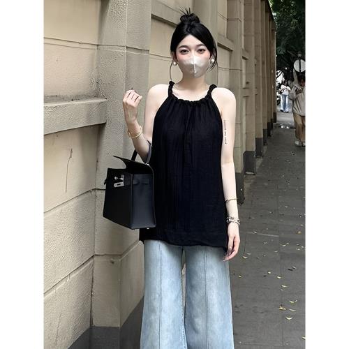 大碼黑色掛脖背心吊帶女內搭外穿夏季胖mm寬松遮肉巨顯瘦無袖上衣