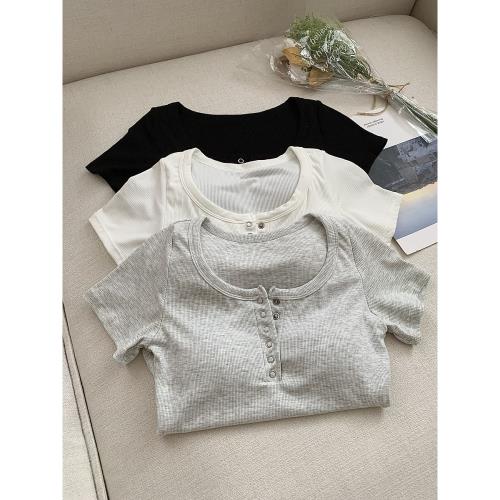 RENA純欲風設計感短袖圓領T恤女夏季百搭休閑短款甜辣妹上衣女