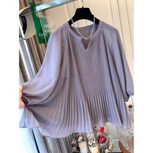 法式復古短袖襯衫女夏季文藝高級感氣質寬松休閑V領百褶小衫上衣