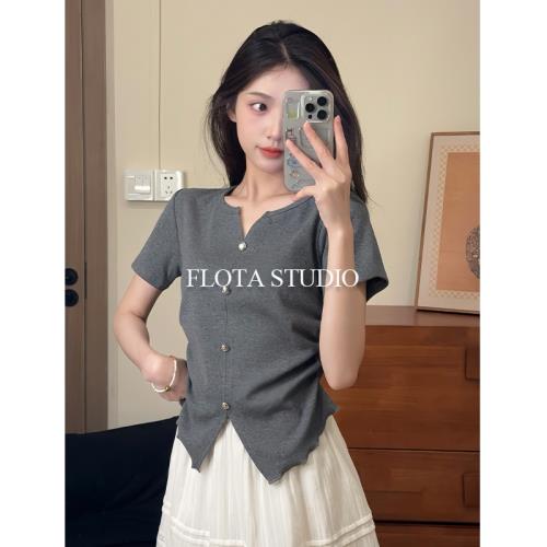 【flota】正肩氣質高級感開叉下擺短袖chi風V領溫柔風套頭上衣