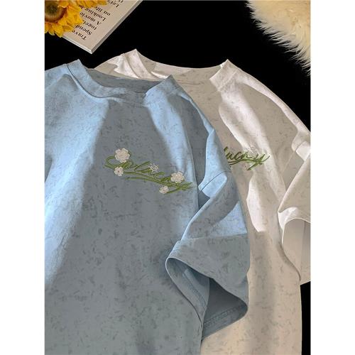 胖胖哥刺繡復古短袖T恤男夏季新款大碼寬松潮牌半袖上衣圓領體恤