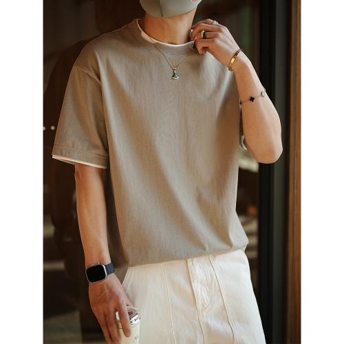 韓版輕奢撞色假兩件圓領短袖T恤男夏季新款潮牌ins簡約時尚打底衫