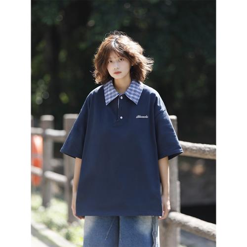 阿于呆日系撞色格子翻領短袖Polo衫男夏季寬松學院風情侶百搭上衣