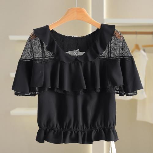 【映】蕾絲拼接純色荷葉邊短袖雪紡衫夏裝2025年新款品牌折扣女裝