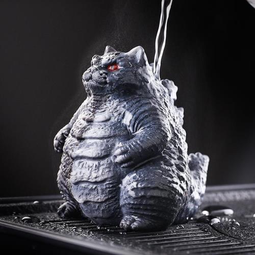 創意卡通新款貓頭哥斯拉茶寵擺件精品可養擺設裝飾茶臺茶具茶寶