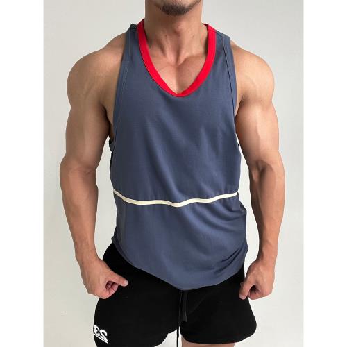 好面料!撞色彈性運動健身棉背心肌肉男顯身材顯壯無袖T恤海灘旅游