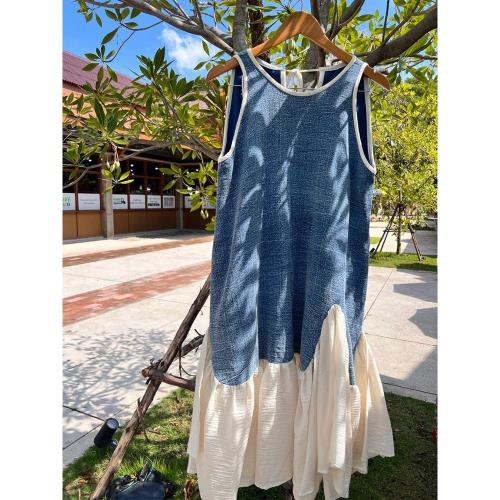 藝術感森系小眾設計感牛仔拼接小個子溫柔風獨特無袖連衣裙子春秋