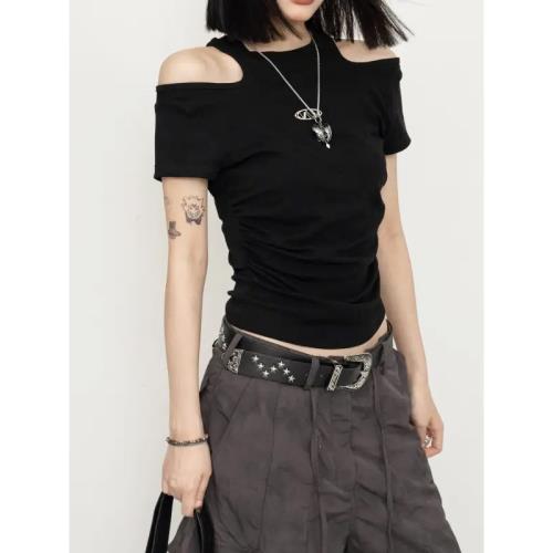 美式黑色露肩熱辣辣妹短款t恤女夏設計感小眾修身掐腰短袖上衣潮