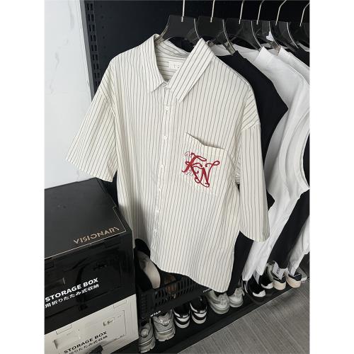 ooohmygo美式復古刺繡翻領條紋短袖襯衫男女夏季潮牌寬松休閑襯衣