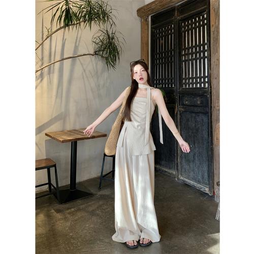 2025夏季新款韓系時尚不規則褶皺吊帶背心上衣闊腿休閑褲女兩件套