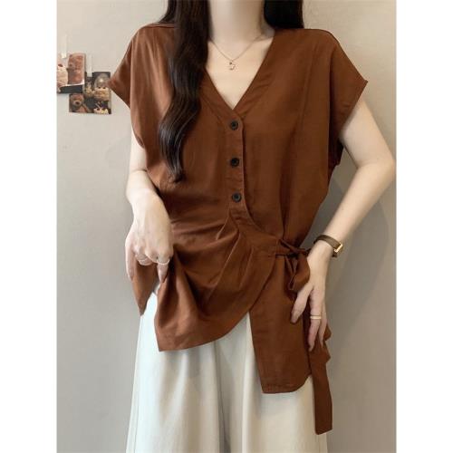 高級V領短袖襯衫大碼女裝胖mm2025夏季新款咖色收腰遮肚襯衣上衣