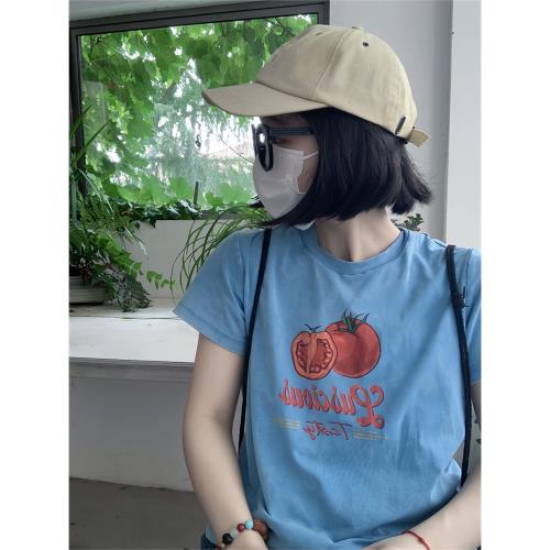 @U*R同款 好愛這個藍！超正顯白復古做舊番茄印花柔軟砂洗短袖T恤