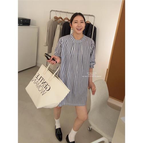 widelia陳姬兒夏季極簡圓領條紋襯衫裙小個子休閑半袖連衣裙7267