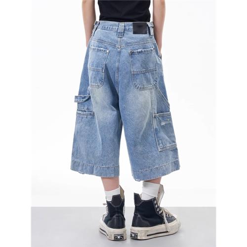 美式闊腿多口袋牛仔七分褲男女夏季街頭水洗做舊休閑百搭男生短褲