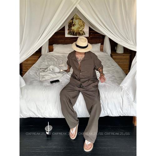 (免運)OXFREAK「老錢風 松弛感」度假休閑套裝男寬松長袖襯衫直筒休閑褲