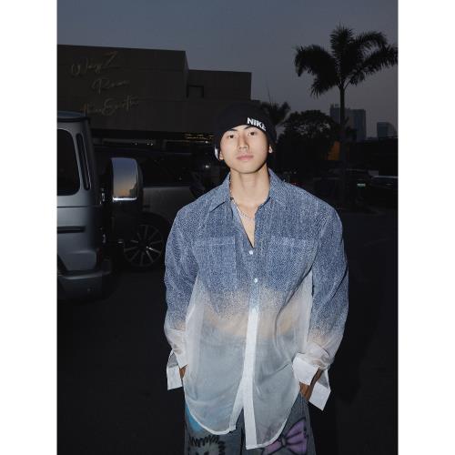 (免運)PAPASLILMONSTER【原創】浪漫牛仔 銀河漸變紗織襯衫度假風襯衣男