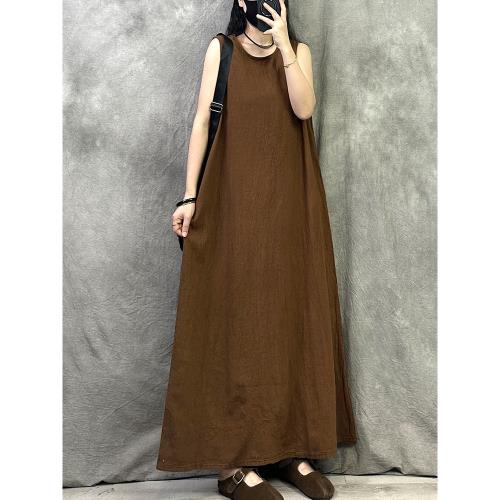 (免運)原創復古無袖棉麻連衣裙女夏高端亞麻長裙寬松慵懶風氣質顯瘦大碼