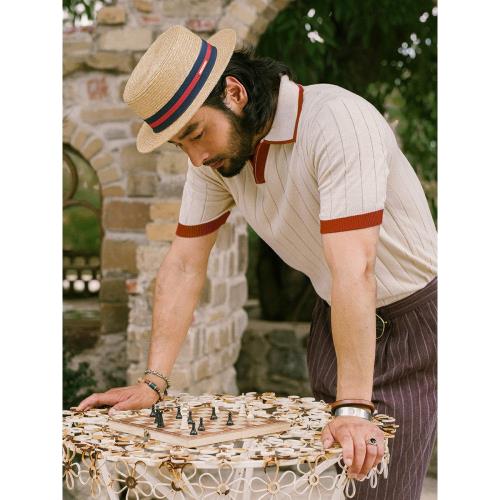 (免運)SOARIN【海鷗領】英倫復古V領針織polo衫男 條紋紳士翻領短袖T恤