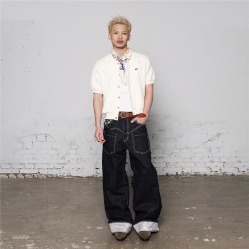 (免運)MAT JENIN雙色定紡全棉復古提花針織翻領短袖夏季百搭針織開衫T恤