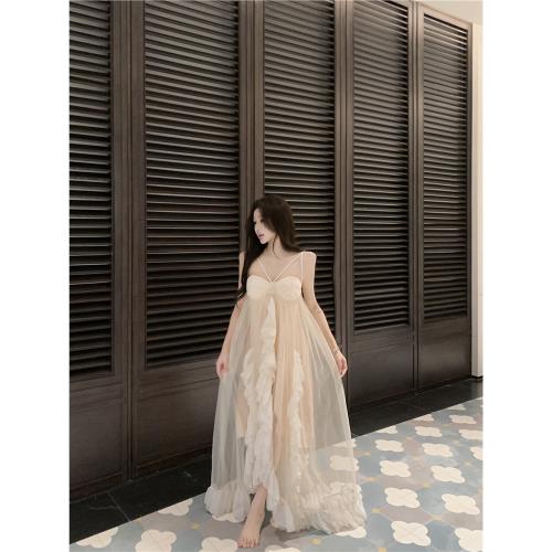 (免運)荷葉邊法式超仙吊帶連衣裙女夏季網紗拼接寬松裙子度假風a字長裙