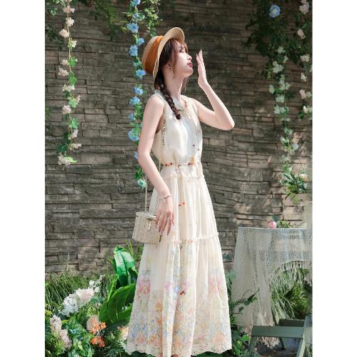 (免運)白漉法式甜美小眾設計花朵印花收腰連衣裙2025夏季新款溫柔風長裙