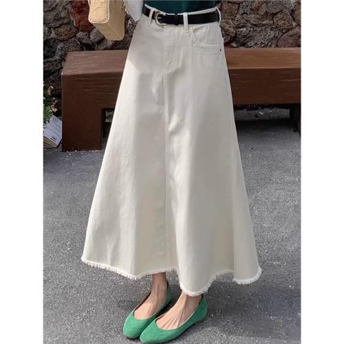 (免運)米白色牛仔半身裙女春秋高腰顯瘦小個子毛邊中長款包臀a字魚尾裙